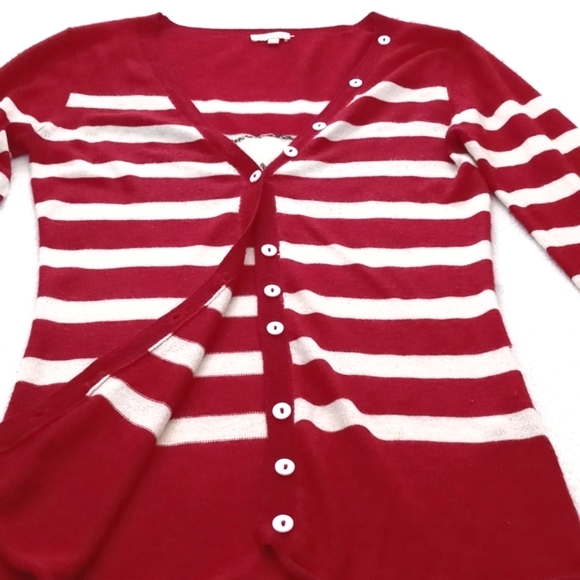 *Relisted* Cashmere & Silk Red White Stripe Long Sleeve Cardigan Skull on Back S - Picture 10 of 14